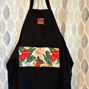 Black Apron with Floral Pocket